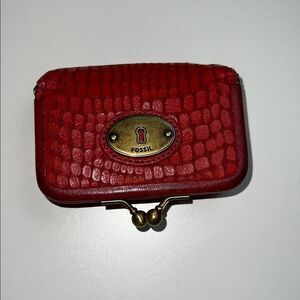 Fossil Red Genuine Leather Coin Purse with Interior Mirror